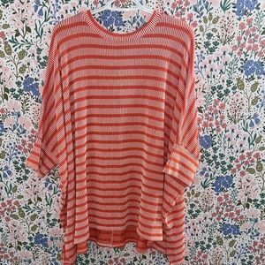 Striped Coral and White 3/4 Length Sleeve Top